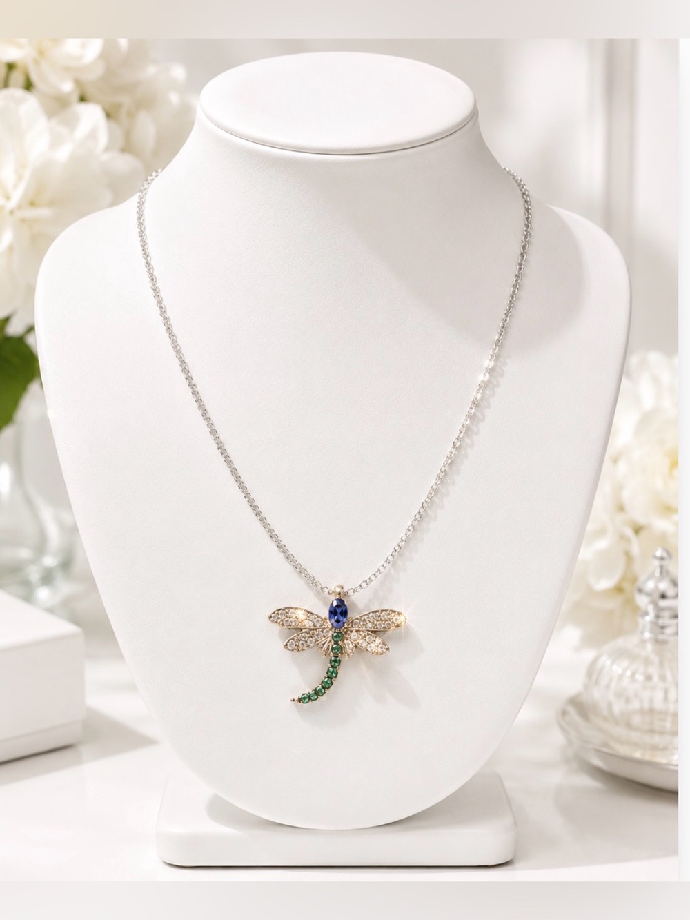 Sparkling Dragonfly Pendant Necklace | Crystal Wings & Blue/Green Accents